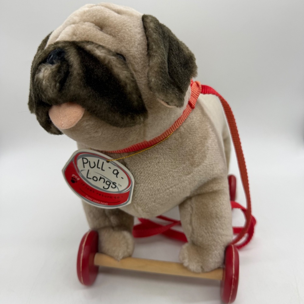 North American Bear Co Pull-a-Longs Pug Toy Kids Tan Vintage 1997 Plush Dog Tags